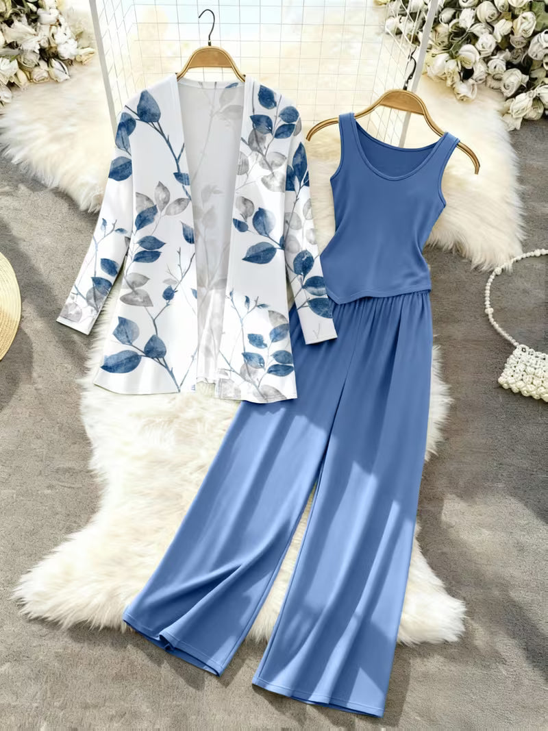 Women’s 3pcs Printed Cardigan, Vest & Pants Set