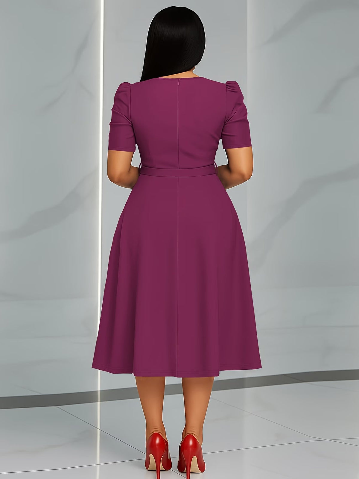 Women's Elegant V-Neck Ruffle Midi Dress with Waist Belt