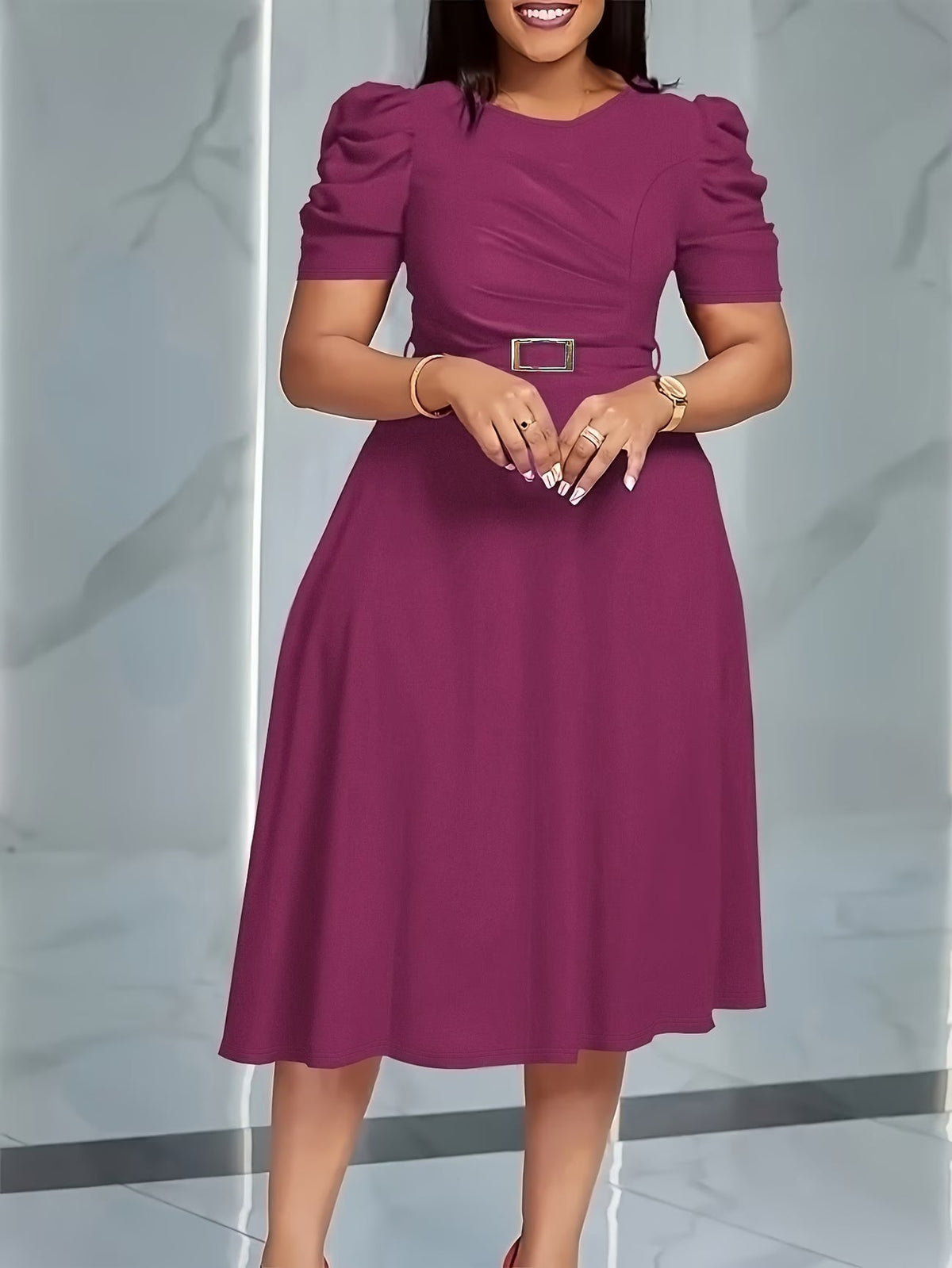 Women's Elegant V-Neck Ruffle Midi Dress with Waist Belt