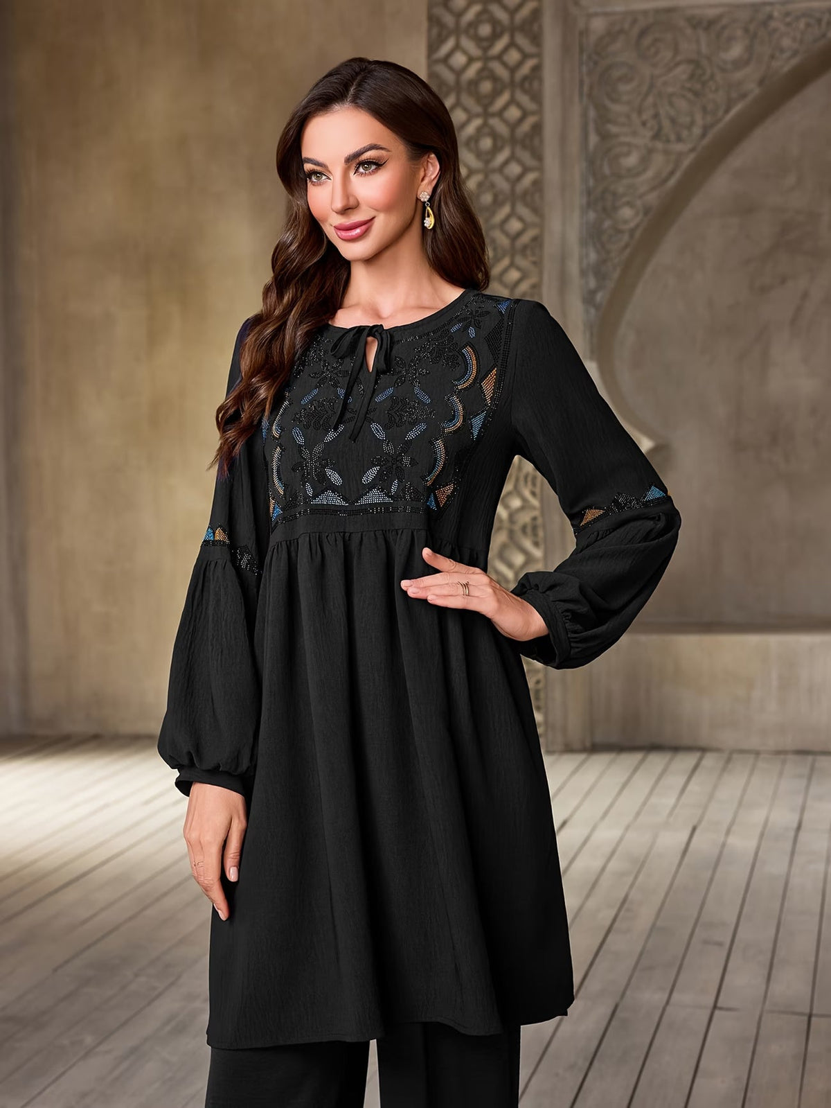 Women's Elegant Rhinestone Detail Long Sleeve Top & Wide-Leg Pants Set