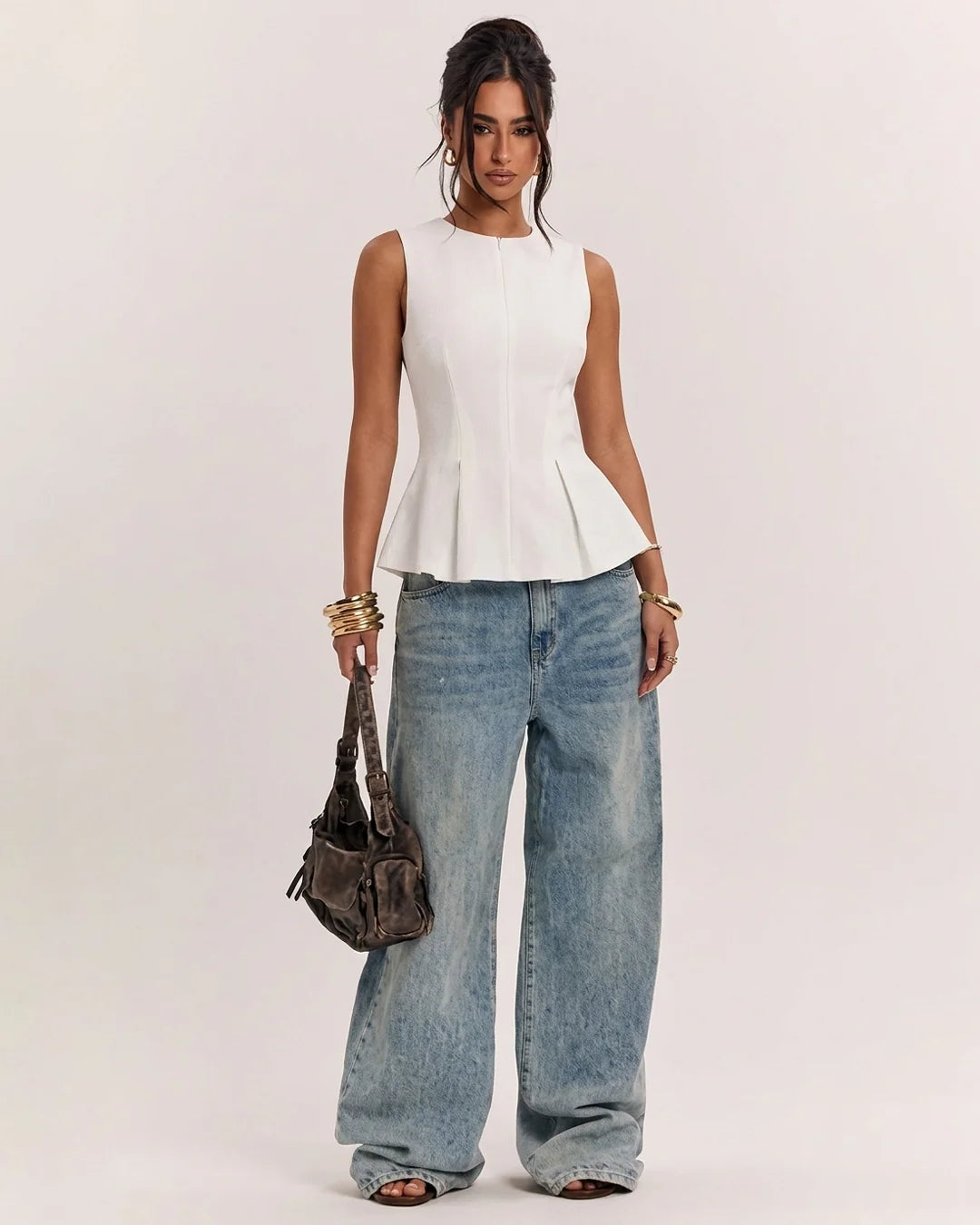 Front Zipper Round Neck Sleeveless Peplum Top in Off White