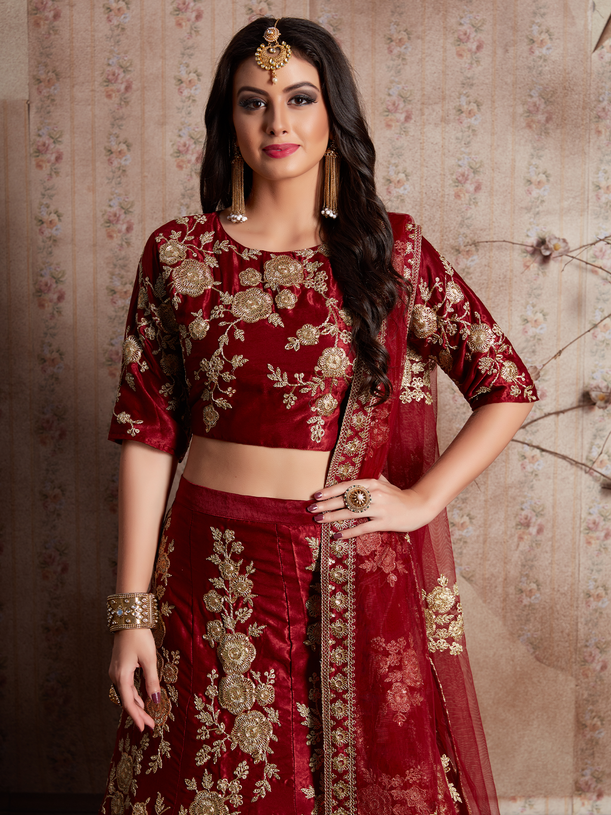 Maroon Embroidered Semi Stitched Lehenga With Unstitched Blouse