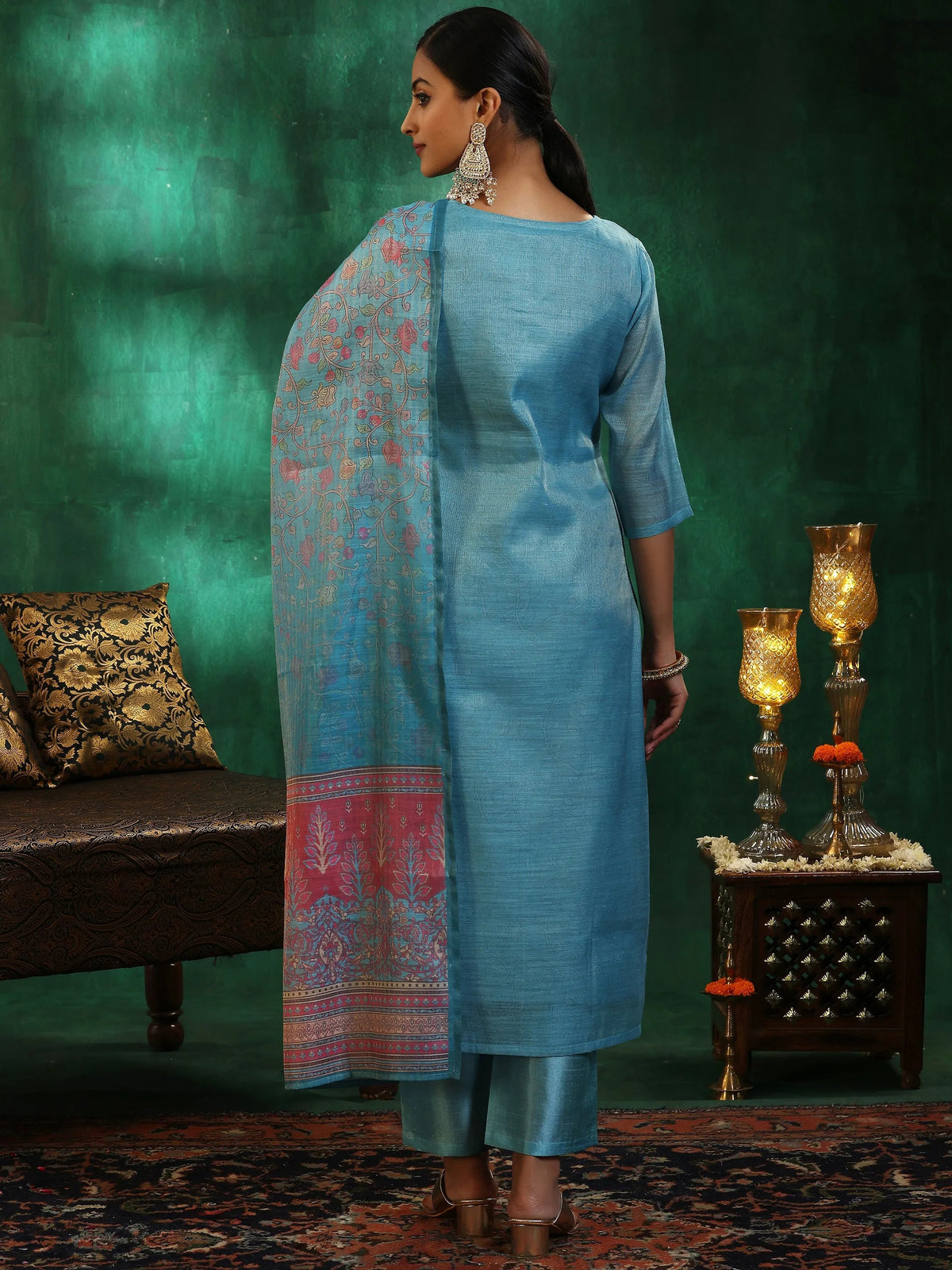 Anouk Turquoise Blue Yoke Design Silk Blend Straight Suit With Dupatta