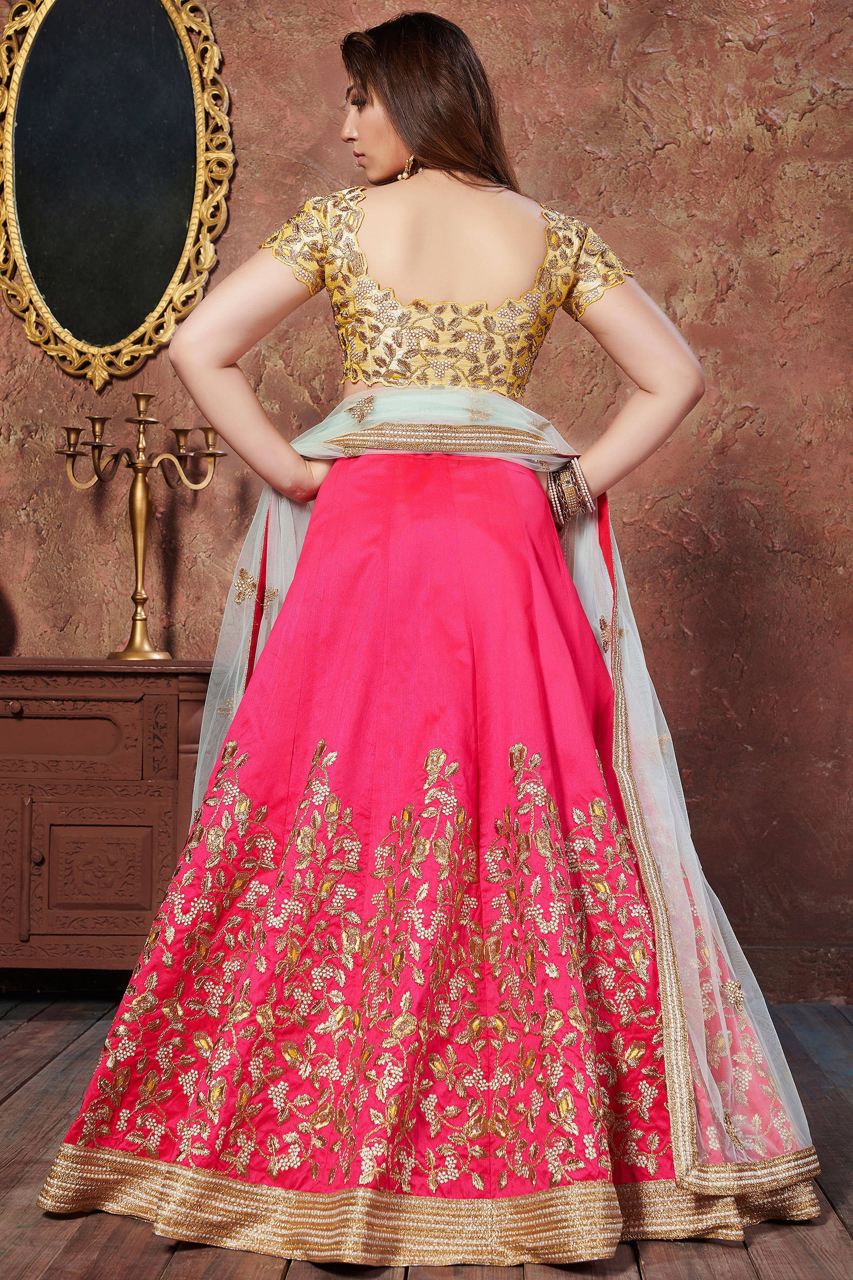 Stunning Hot Pink Thread Embroidered Mulberry Silk Bridal Lehenga Choli