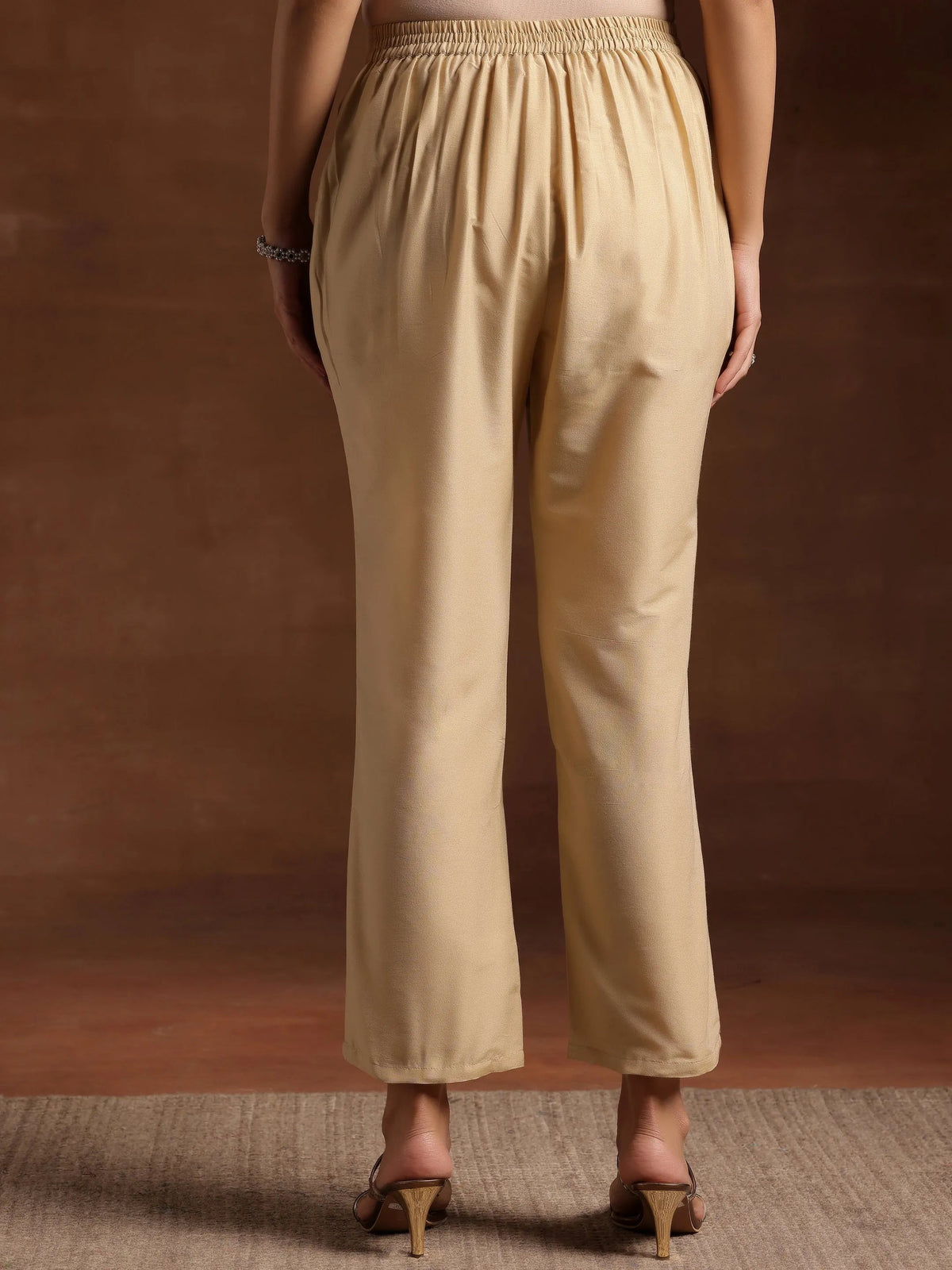 Anouk Beige Solid Silk Trousers