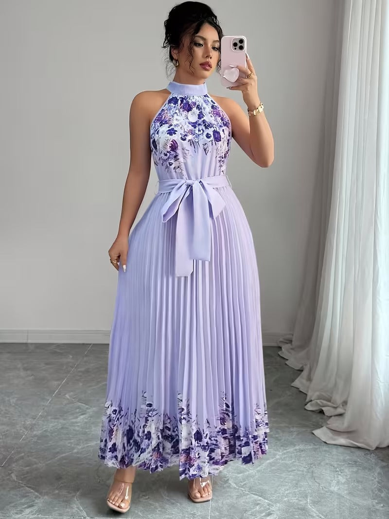 Elegant Floral Halter Neck Pleated Dress – Stylish & Comfortable Summer Outfit for Women