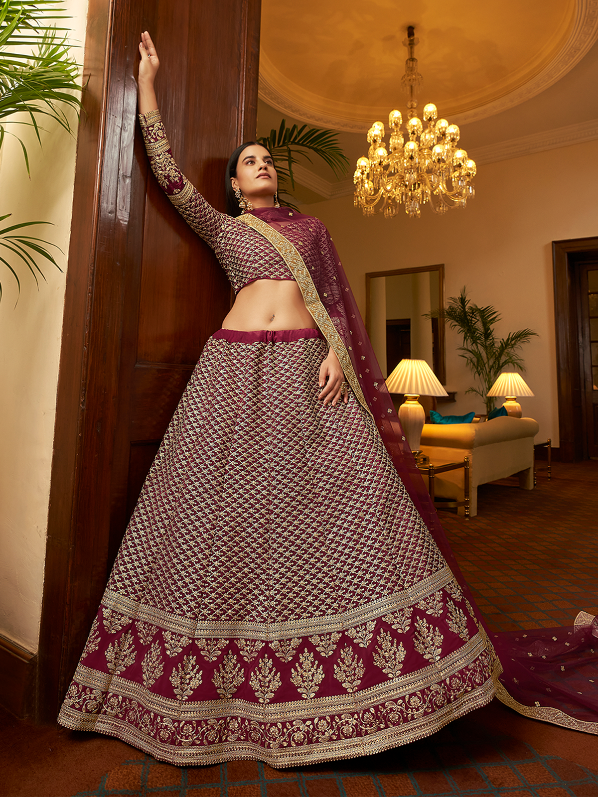 Violet Embroidered Semi Stitched Lehenga With Unstitched Blouse