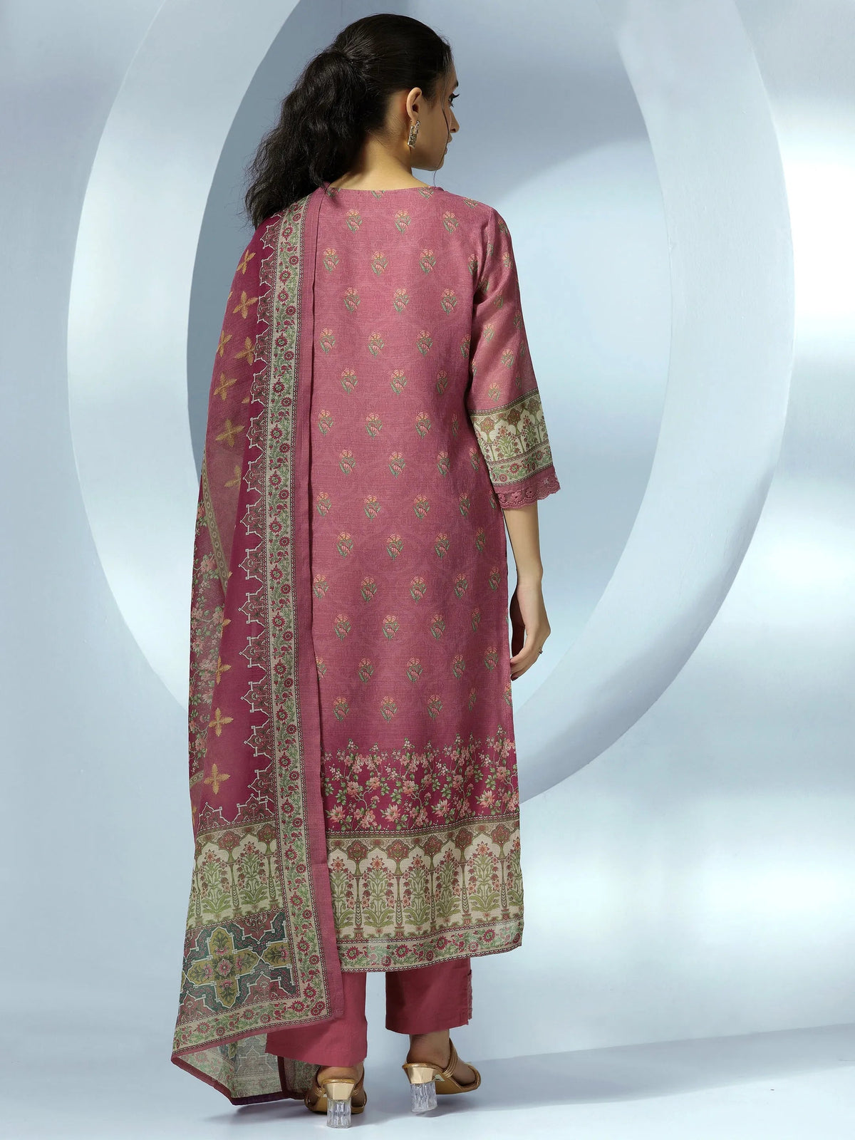 Anouk Mauve Printed Cotton Blend Straight Suit With Dupatta