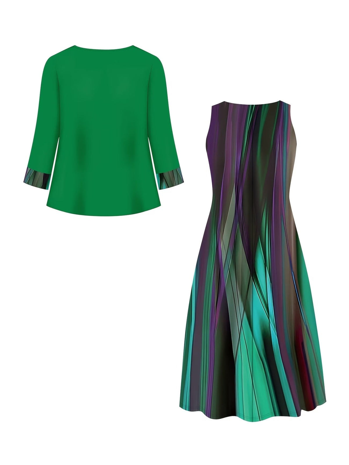Elegant Layered Two-Piece Midi Dress Set with Tie-Front Cardigan – Flowy Printed Everyday & Occasion Wear