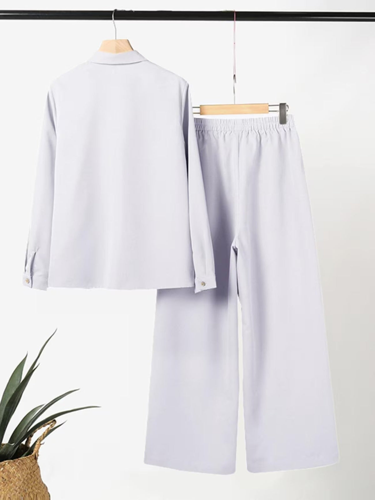 Women’s Casual Two-Piece Co-Ord Set – Solid Button Shirt with Pocket Straight-Leg Trousers for Spring & Fall