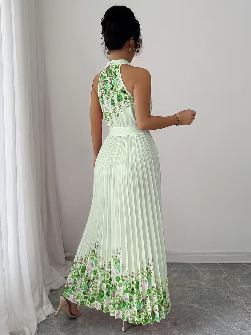Elegant Floral Halter Neck Pleated Dress – Stylish & Comfortable Summer Outfit for Women