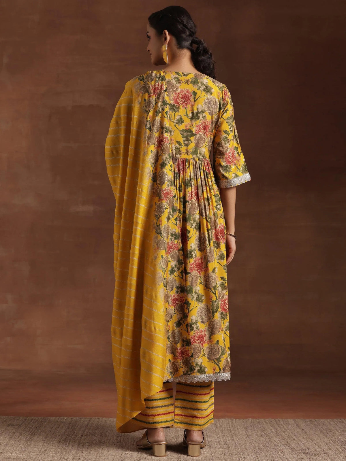 Anouk Yellow Printed Silk Blend A-Line Kurta With Trousers & Dupatta