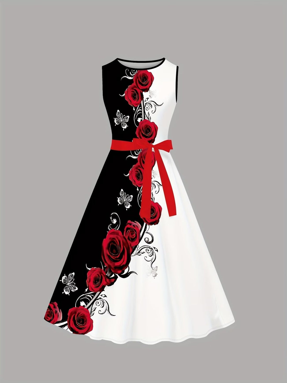 Women’s Black & White Rose Print Dress with Short Jacket & Belt – Elegant 2 Piece Set