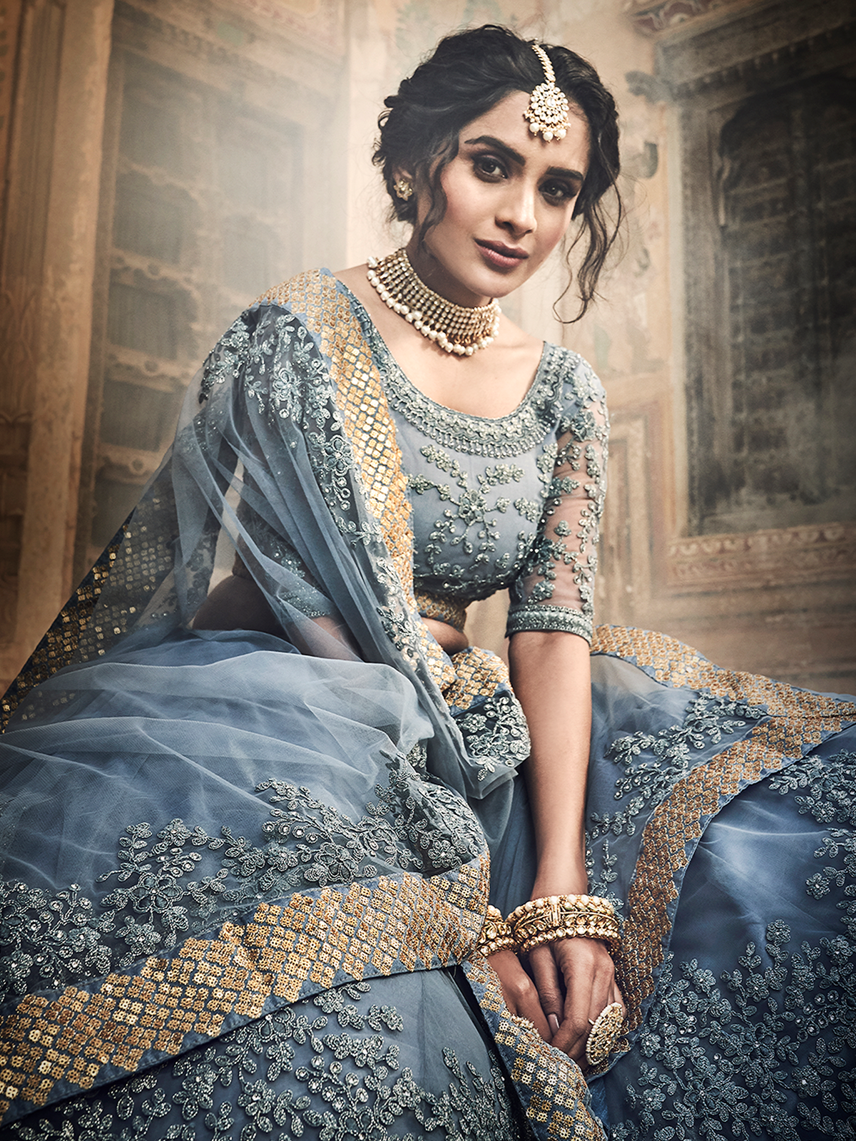 Grey Embroidered Soft Net Semi Stitched Lehenga With Unstitched Blouse