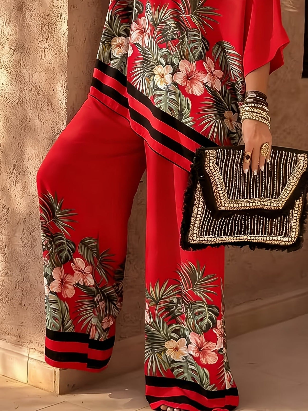 Stylish Oversized Printed Co-Ord Set – Relaxed Shirt & Wide-Leg Pants with Striped Hem for Women