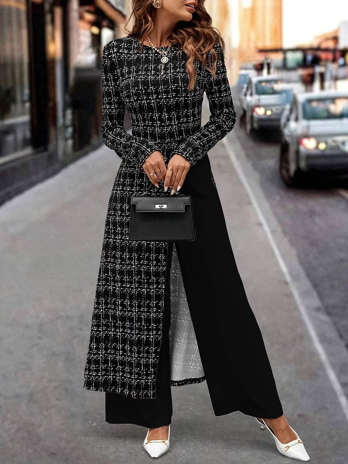 Chic Plaid Commuter Jumpsuit – Asymmetrical Design with Relaxed Straight-Leg Fit
