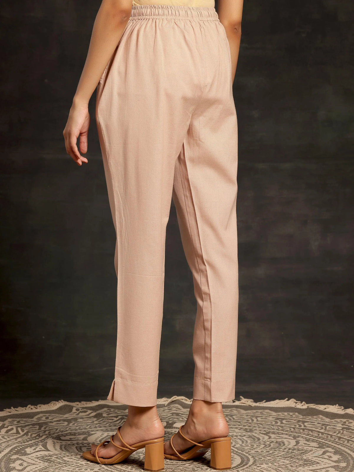 Anouk Peach Solid Cotton Straight Fit Trousers