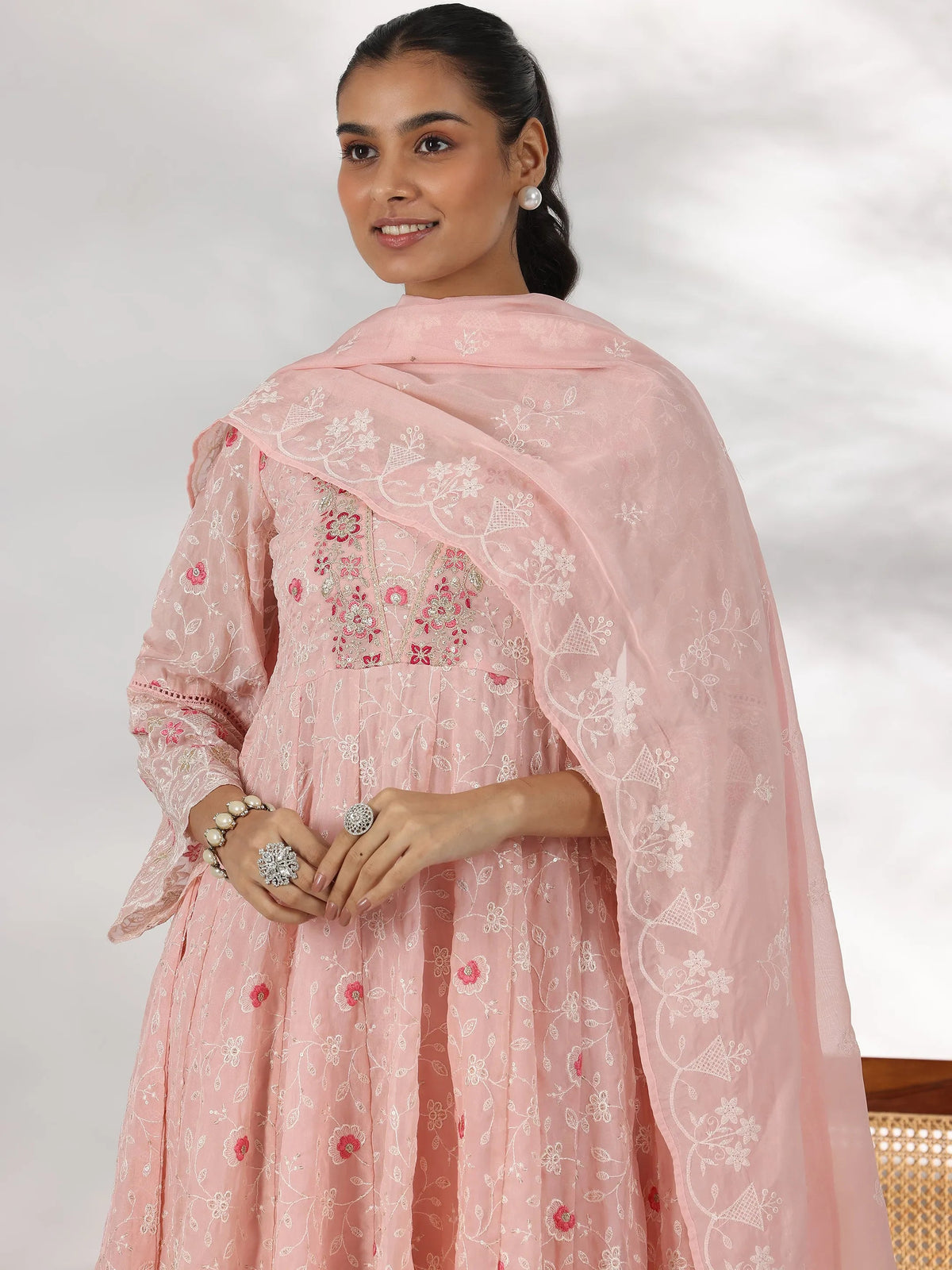 Anouk Pink Embroidered Organza Anarkali Suit With Dupatta