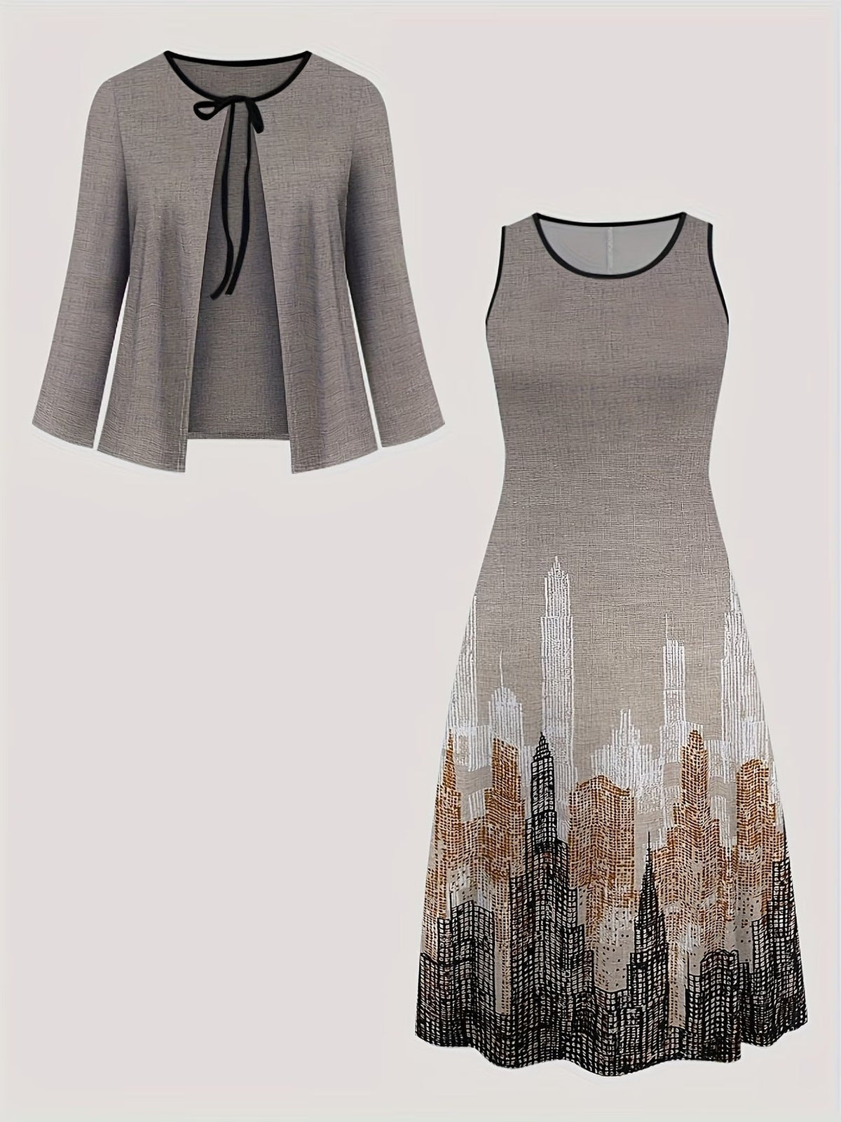 Elegant Layered Two-Piece Midi Dress Set with Tie-Front Cardigan – Flowy Printed Everyday & Occasion Wear
