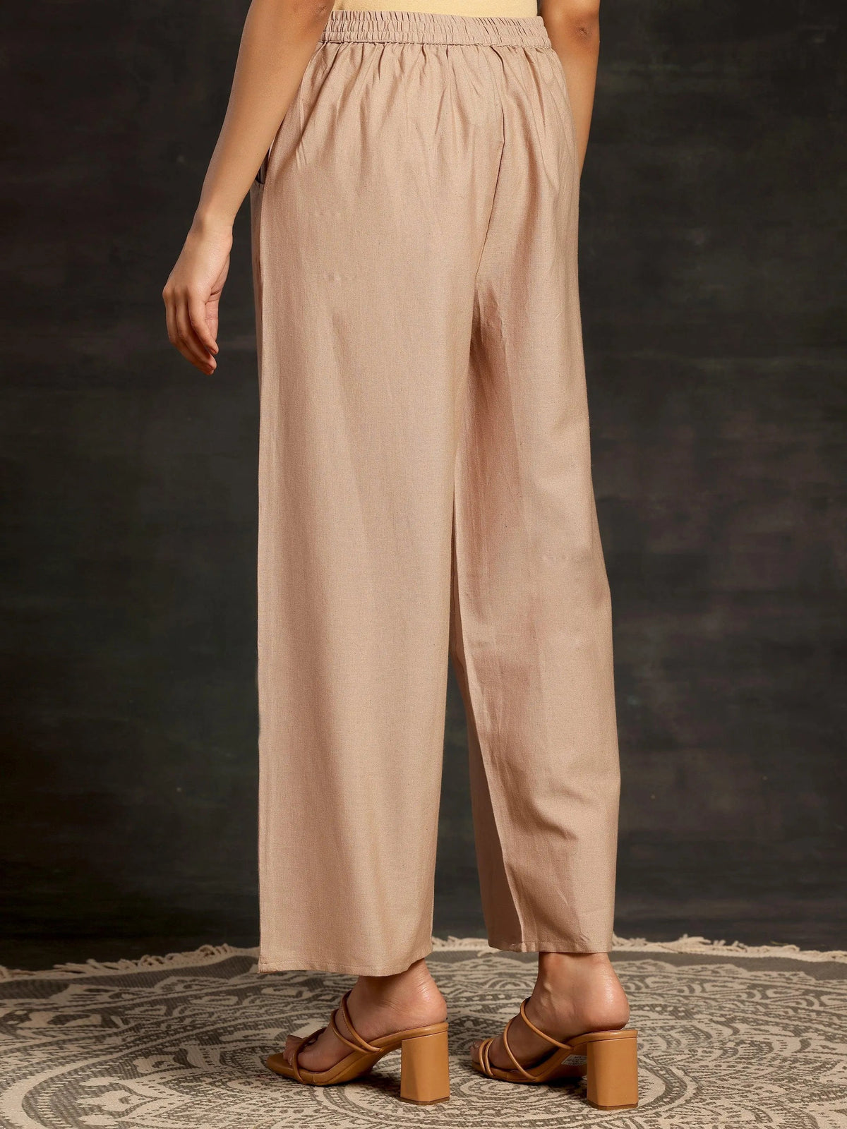 Anouk Beige Solid Cotton Wide Leg Palazzos