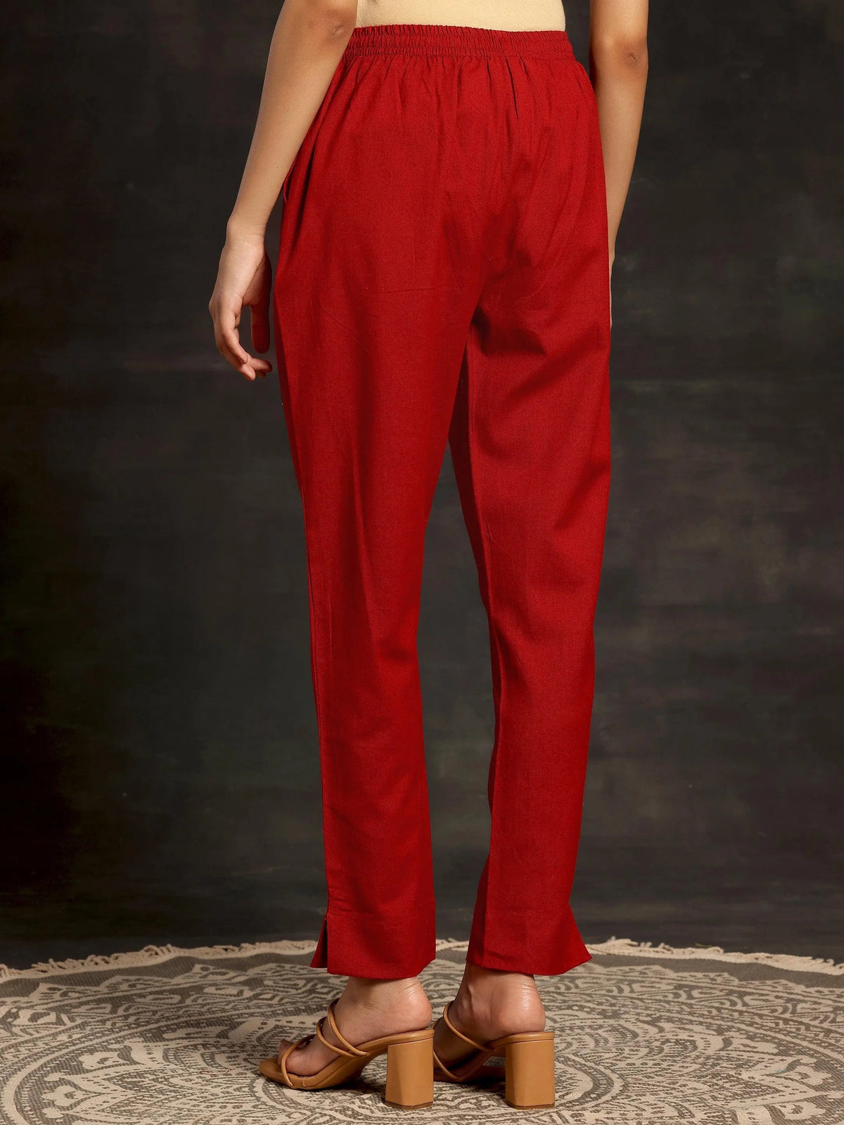 Anouk Maroon Solid Cotton Straight Fit Trousers