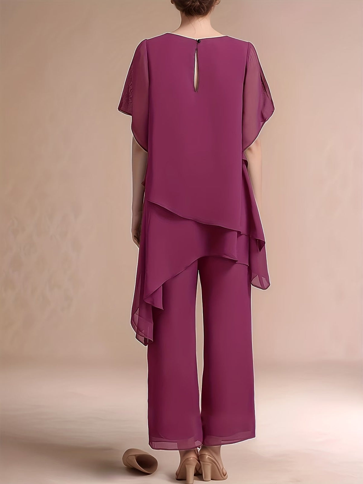 Women'S Chiffon Short Sleeve 2pcs Set Solid Color Irregular Elegant Party Fashion Suit