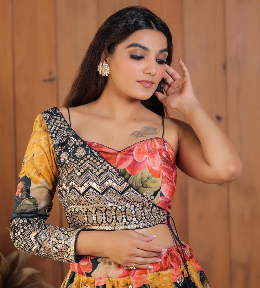 Stylist Multi Color Lehenga Choli With One Side Sleeve Shrug