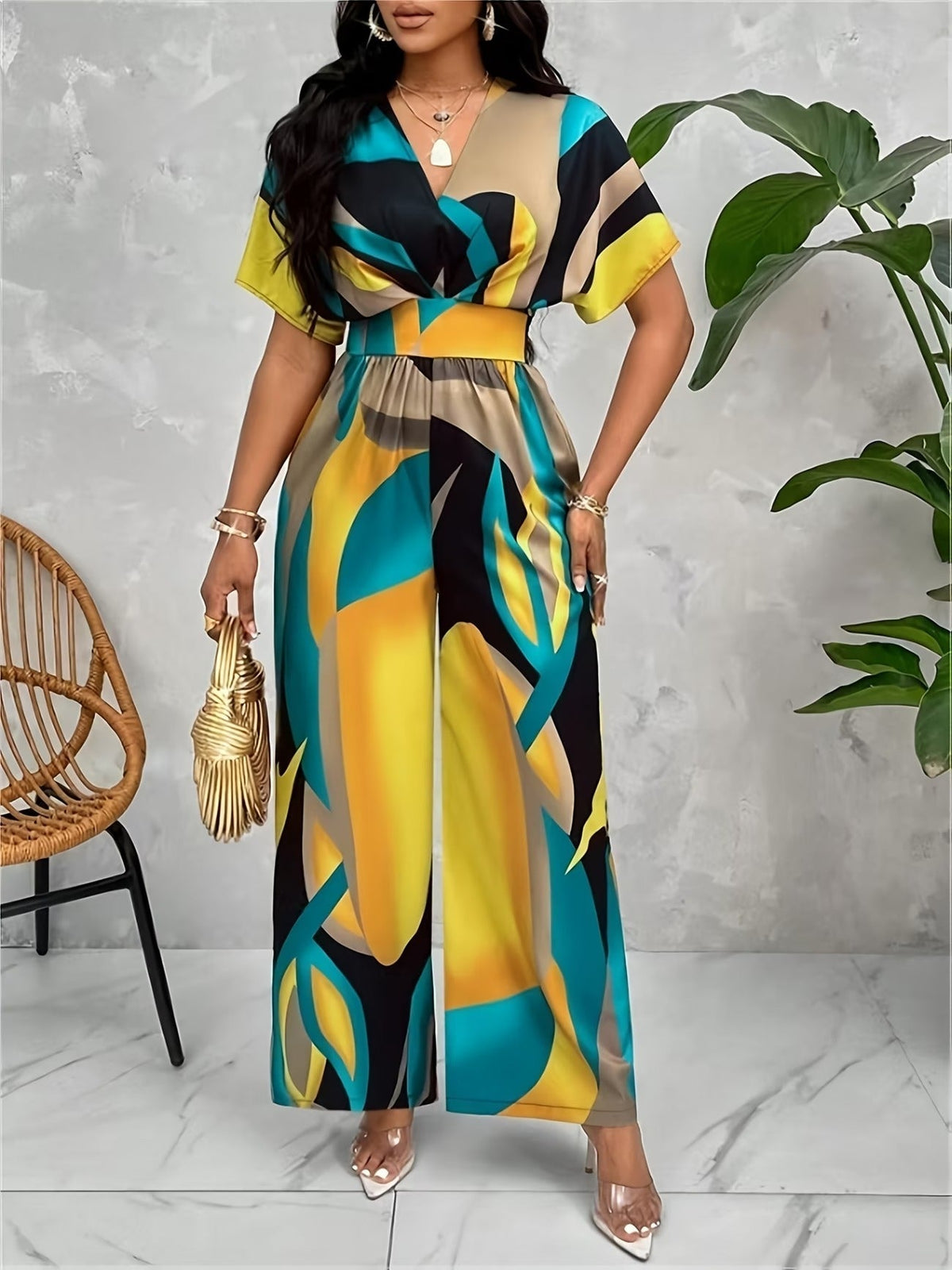 Elegant Women’s Batwing Sleeve Jumpsuit – V-Neck Abstract Print Wide-Leg Summer Outfit