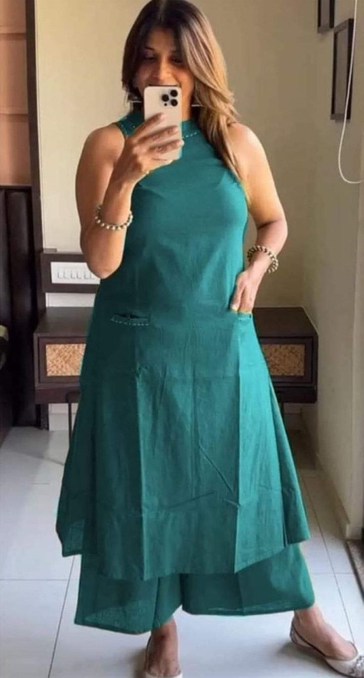 Sleeveless Cotton Work Kurti with Palazzo