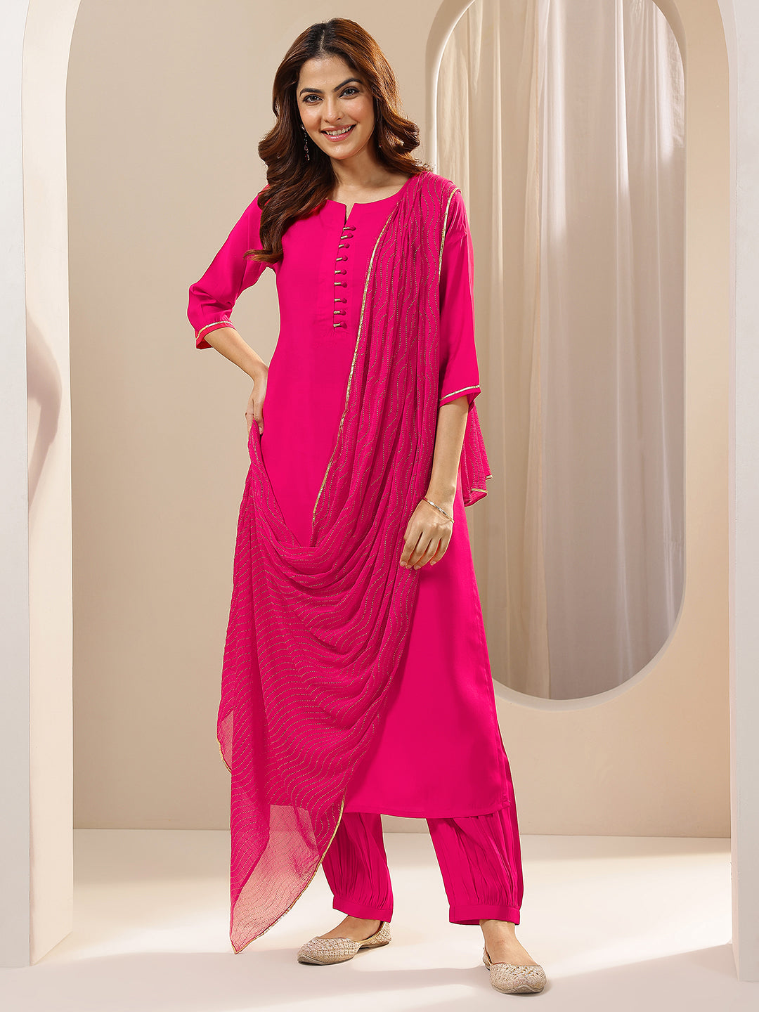 Anouk Pink Solid Silk Blend Straight Suit Sets With Dupatta