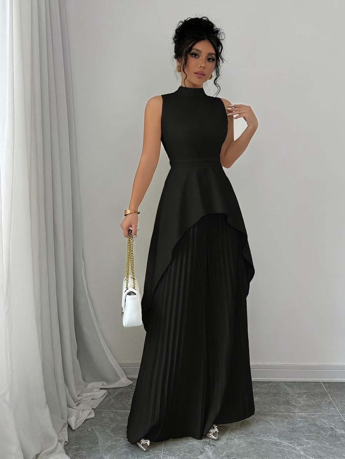Elegant Sleeveless Stand-Collar Top & Pleated Trousers Set – Women’s Chic High-Low Two-Piece Suit