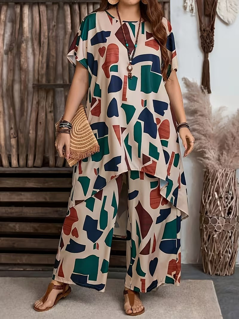 Women’s Geometric Print Top & High-Waist Wide-Leg Pants Co-Ord Set