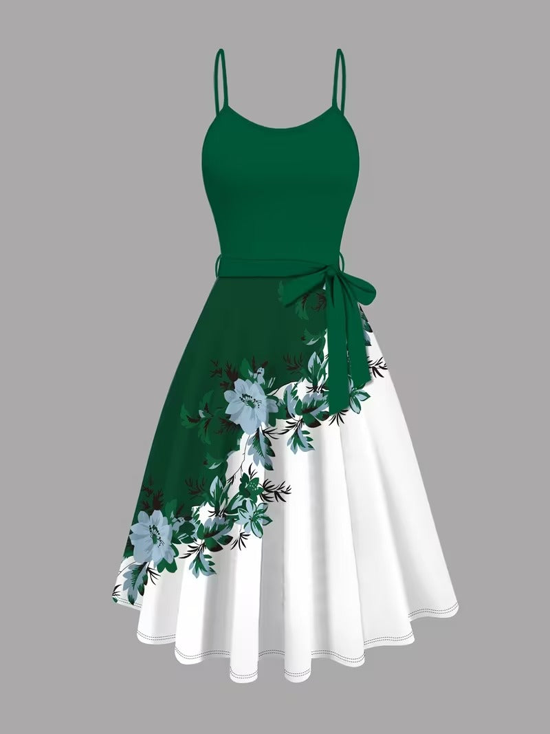 Elegant 2-Piece Women’s Outfit | Blue Cardigan Jacket with Floral Suspender Dress Set