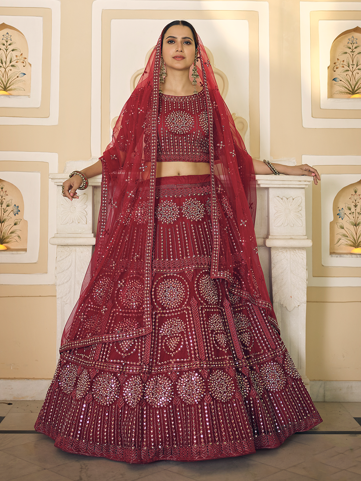 Maroon Soft Net Semi Stitched Lehenga With Unstitched Blouse