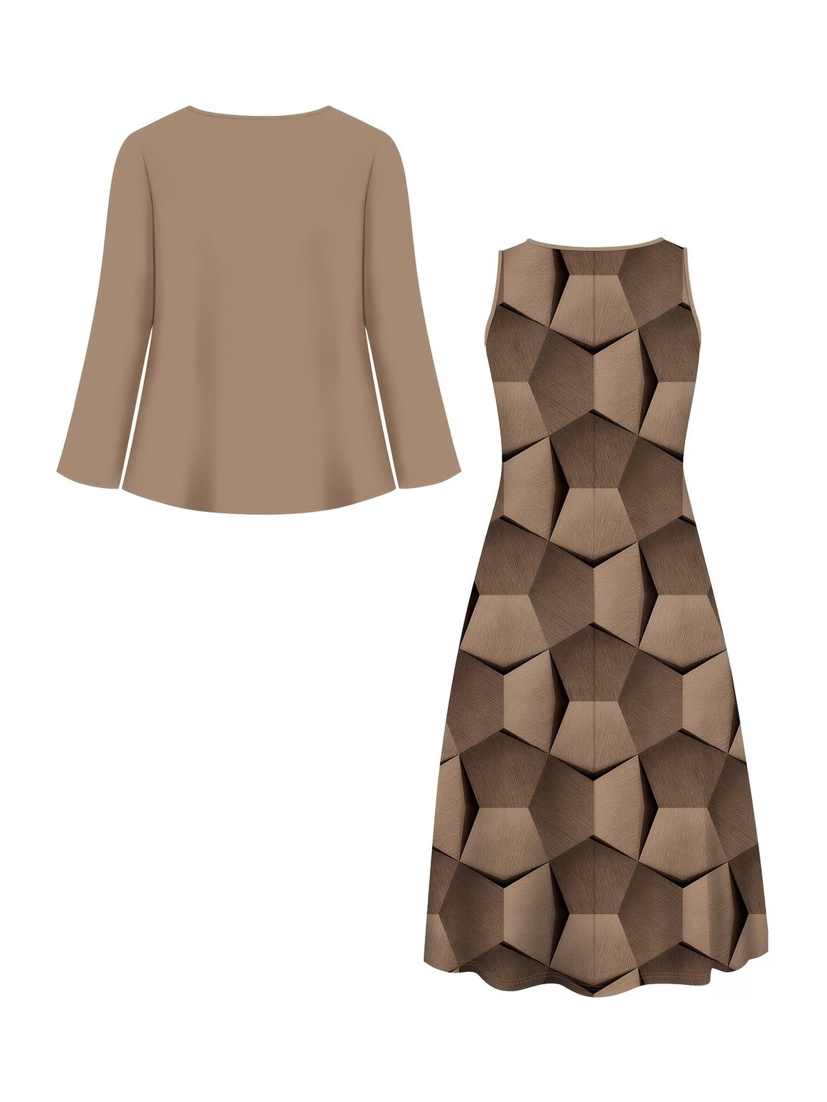 Elegant Layered Two-Piece Midi Dress Set with Tie-Front Cardigan – Flowy Printed Everyday & Occasion Wear