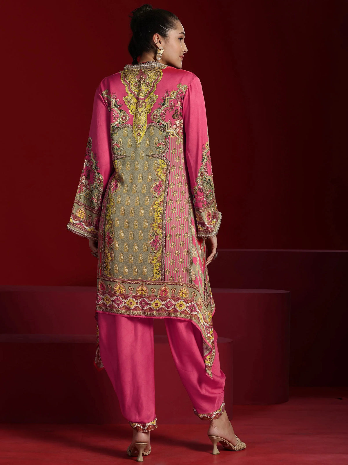 Anouk Art Coral Printed Silk Blend Straight Kurta Dhoti Pants