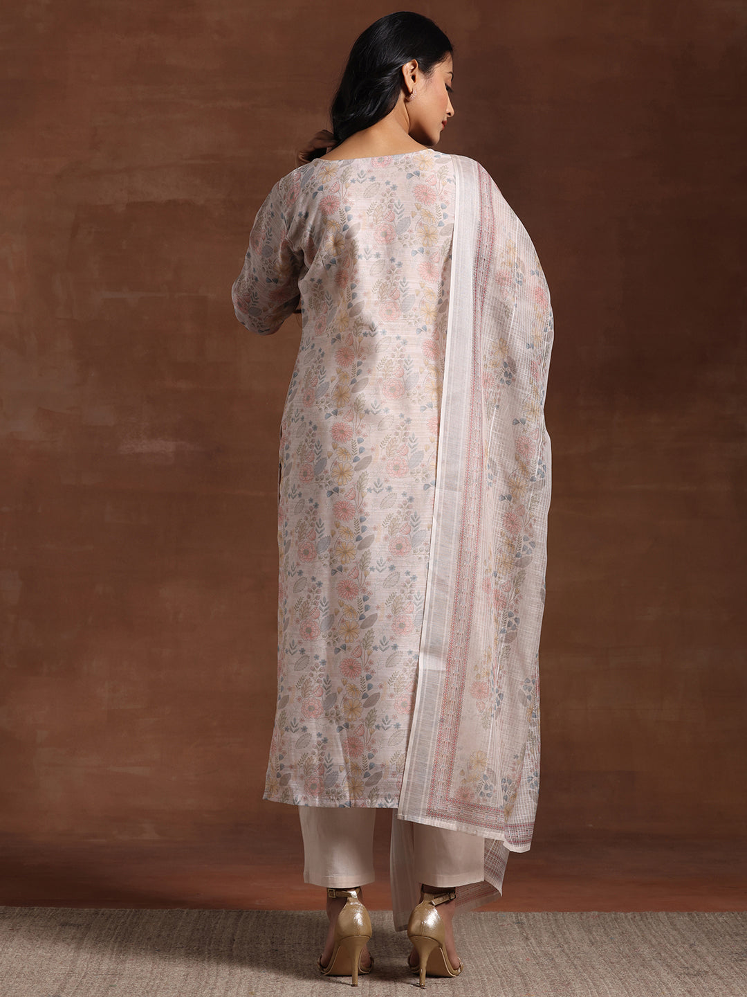 Anouk Beige Printed Chanderi Silk Straight Suit With Dupatta