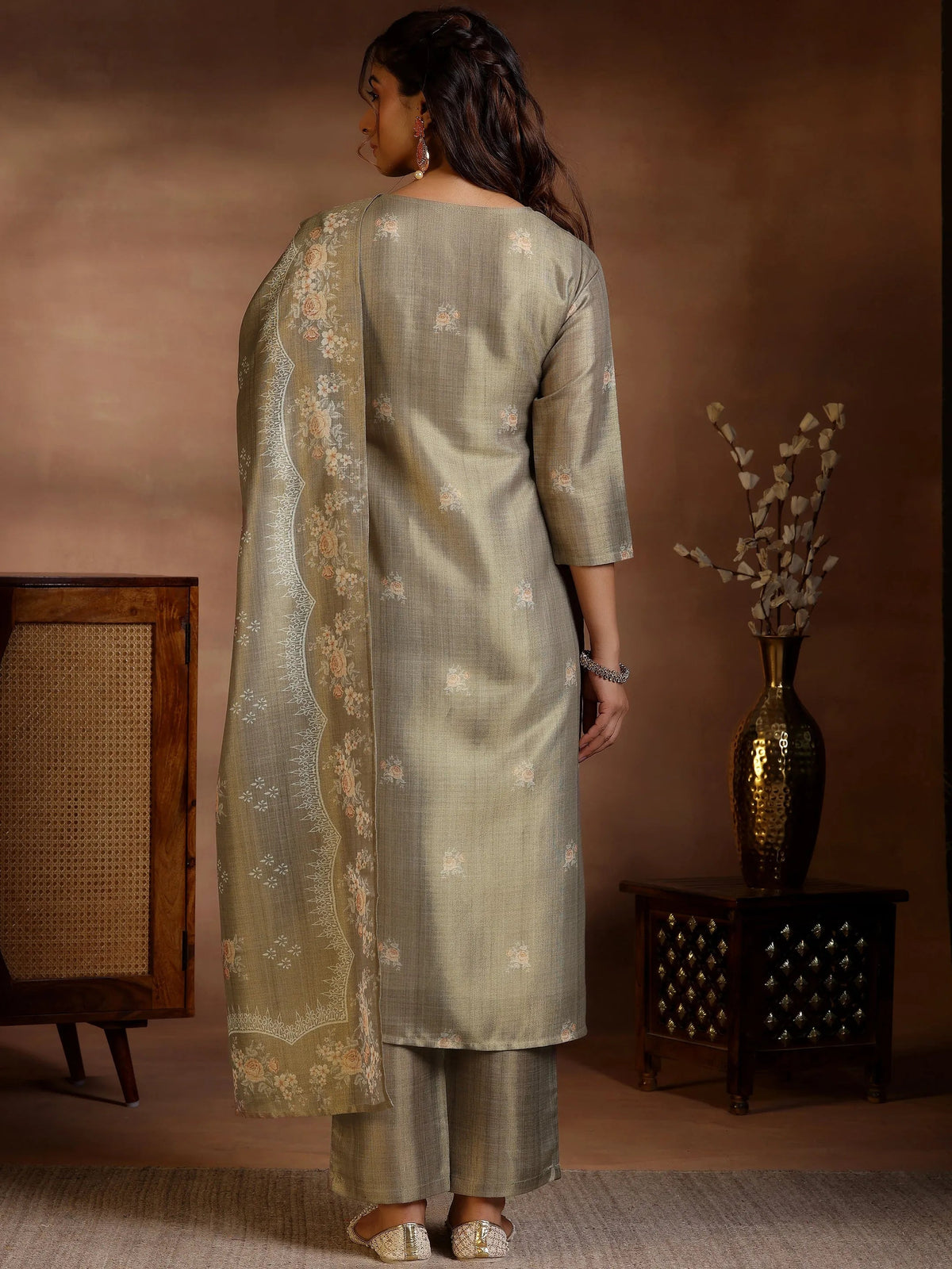 Anouk Brown Printed Silk Straight Suit With Dupatta