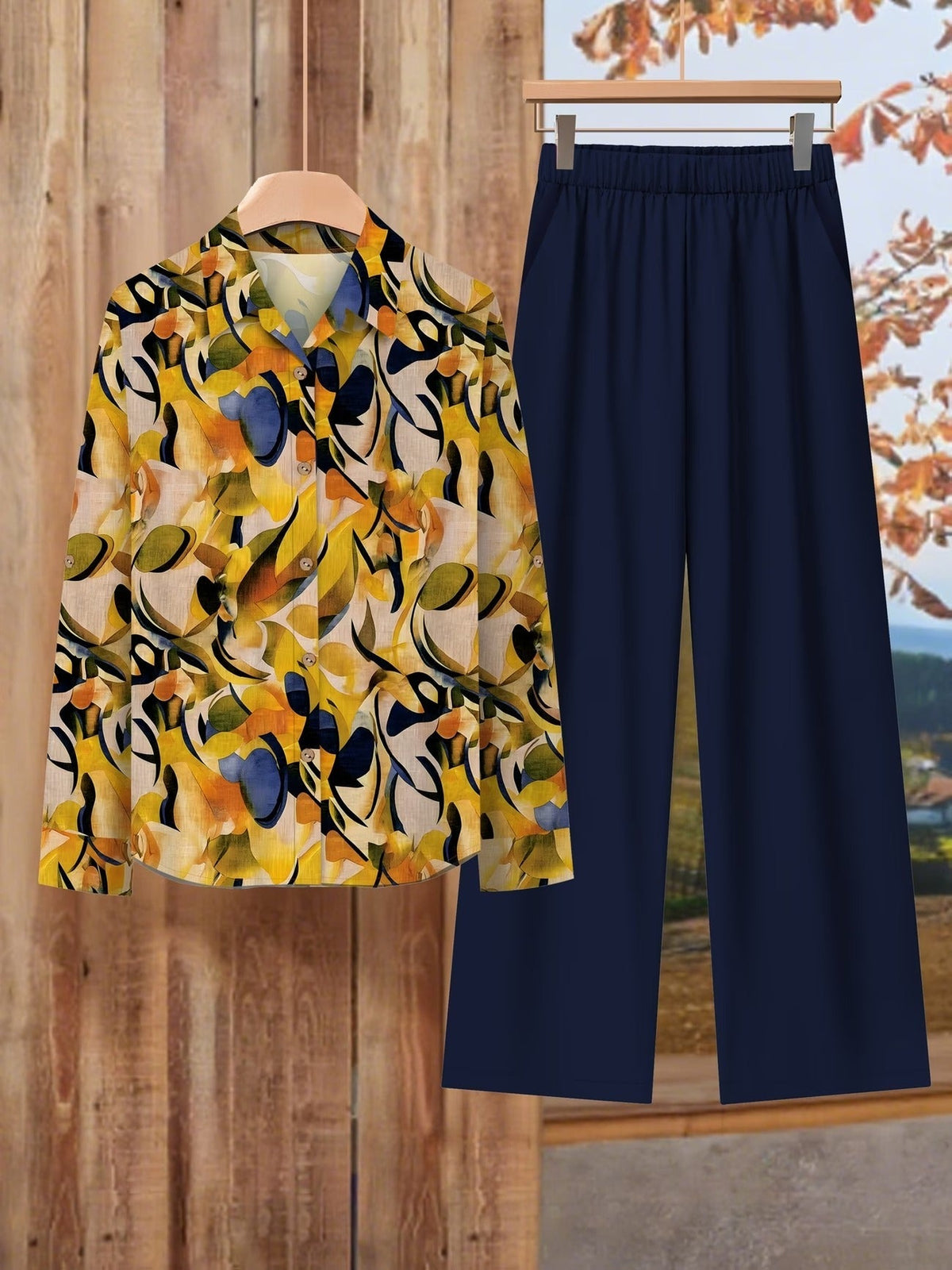 Women’s Floral Long-Sleeve Shirt with Printed Pants – Stylish Two-Piece Everyday Outfit (With Tie & Button Details)