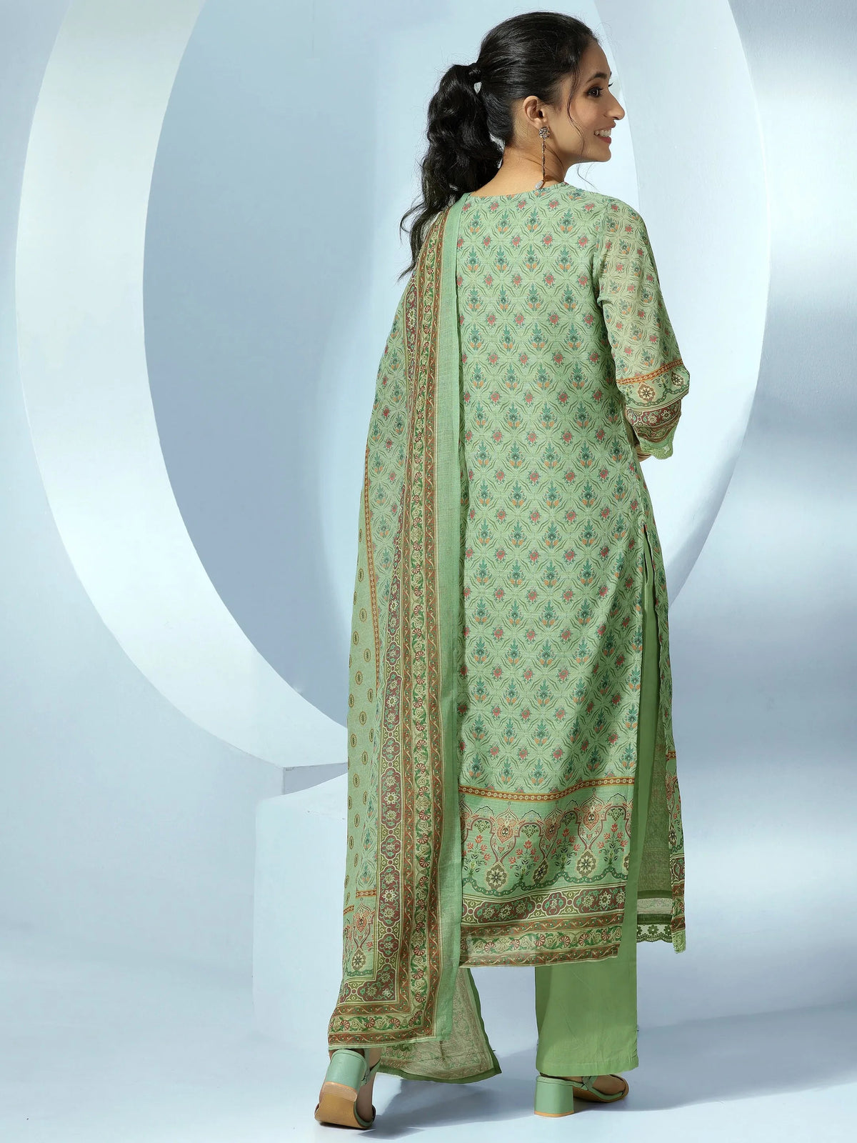 Anouk Green Printed Cotton Blend Straight Suit With Dupatta