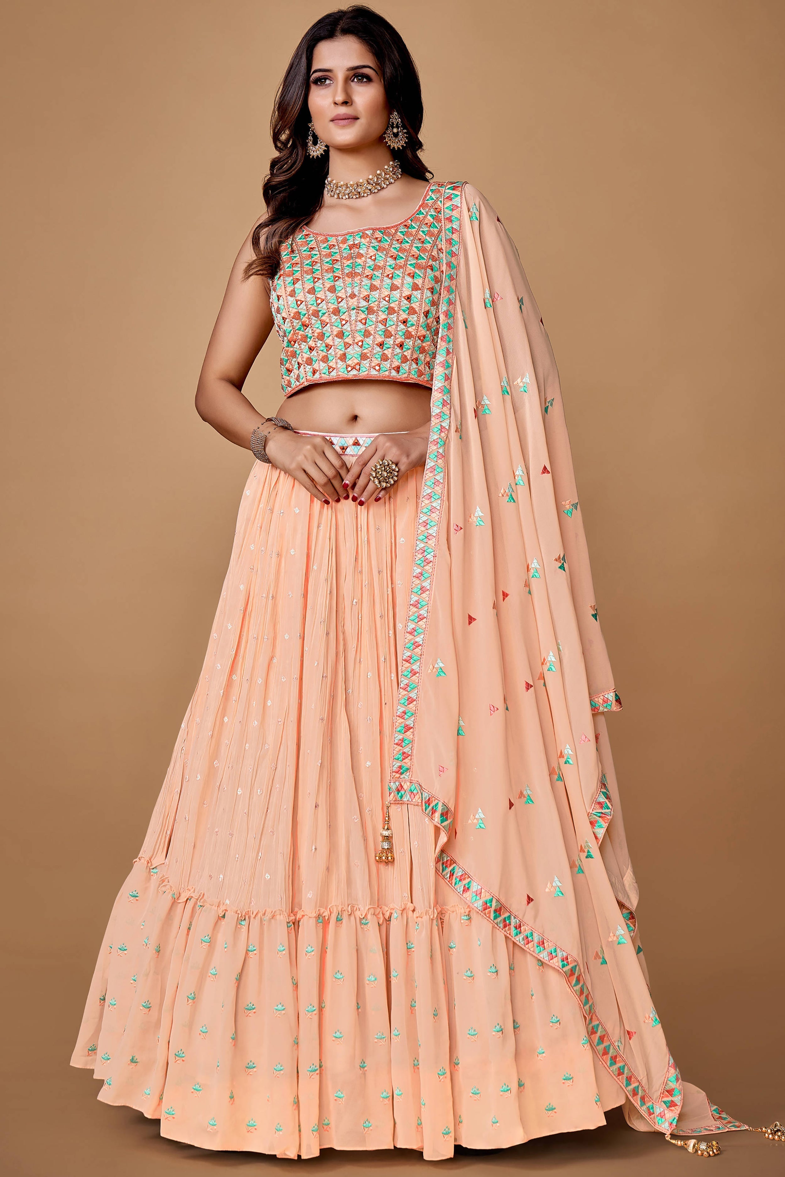Peach Thread Work Georgette Reception Wear Lehenga Choli