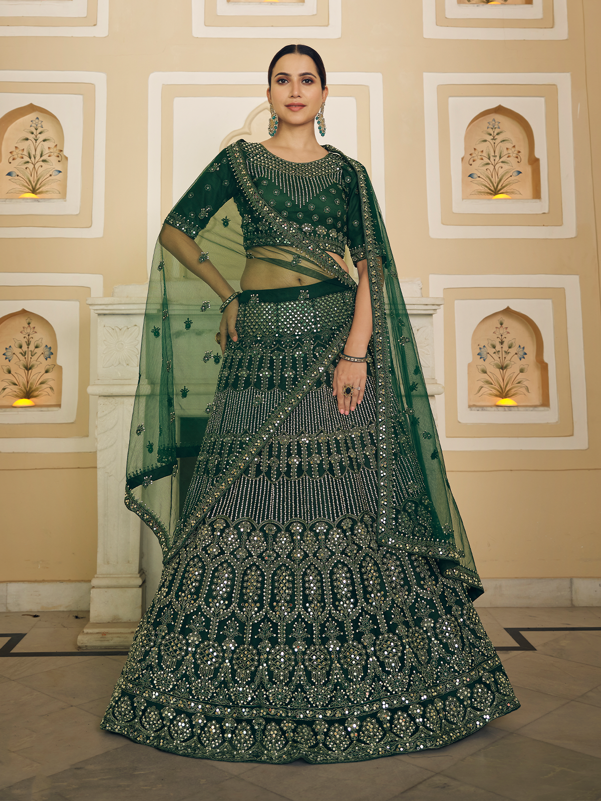 Green Embroidered Soft Net Semi Stitched Lehenga With Unstitched Blouse