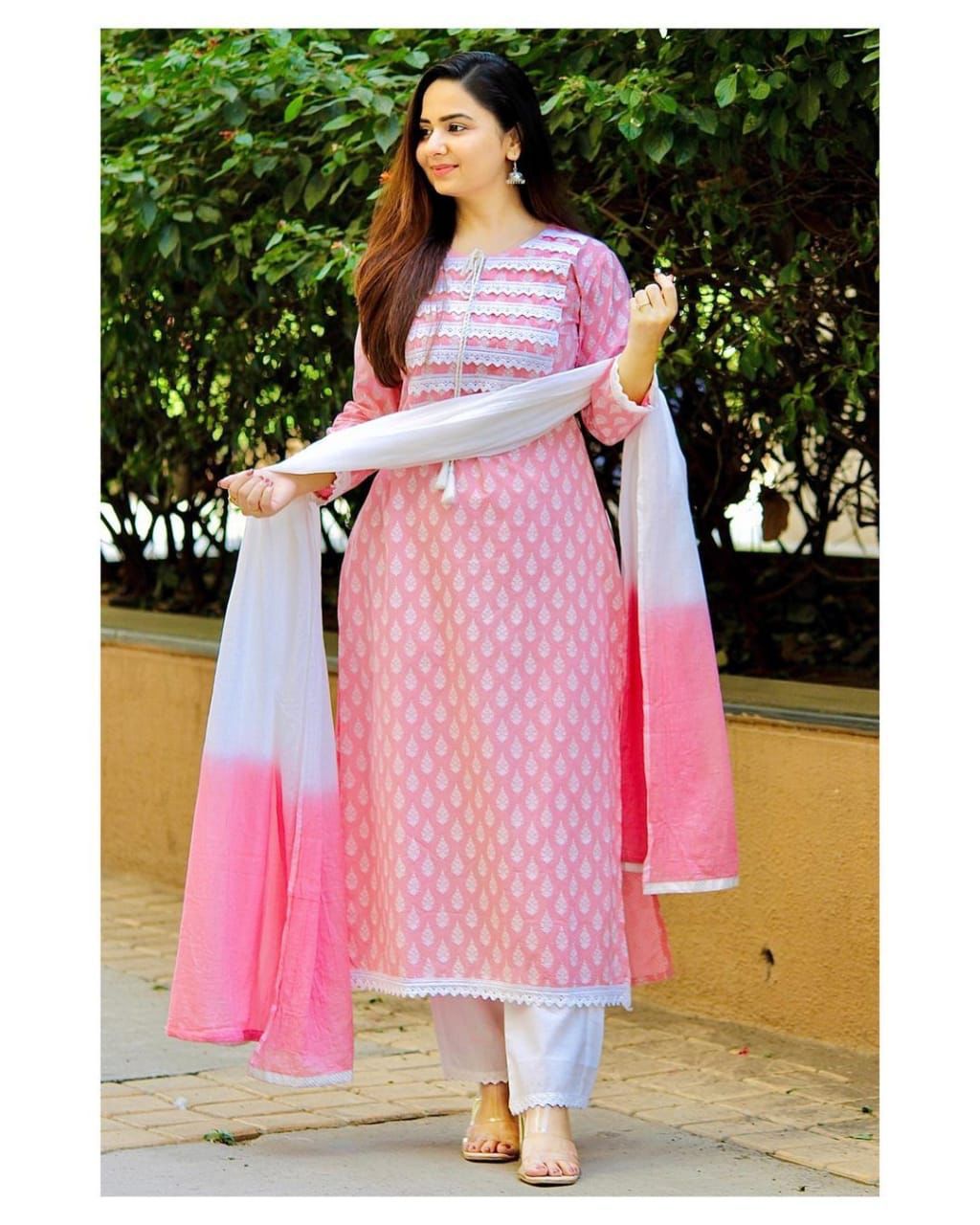 Rayon Print and Lace Work Kurti Set with Pant and Dupatta