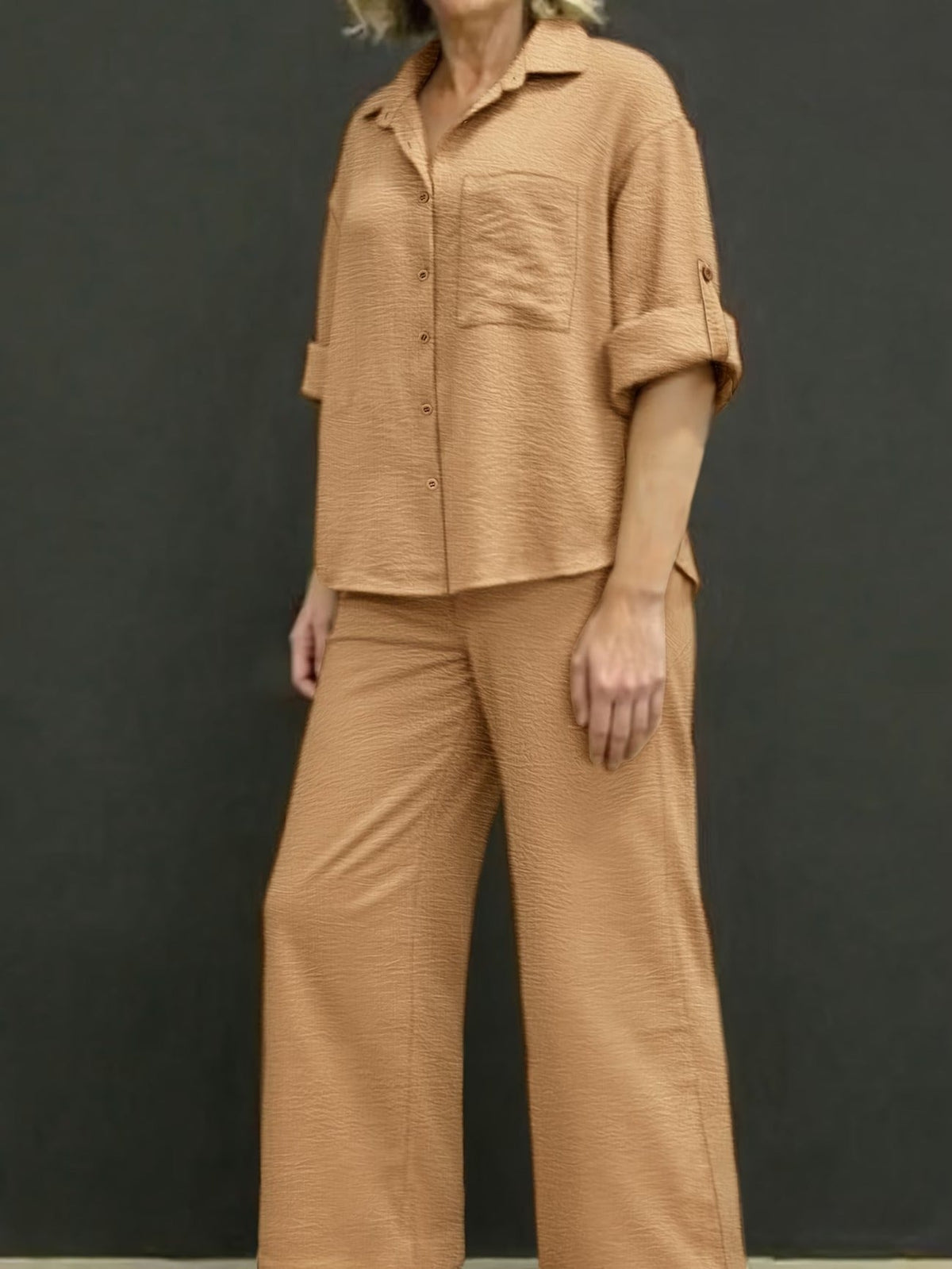 Plus Size Women’s Autumn & Winter Casual Co-Ord Set – Lapel Button Shirt with Comfortable Wide-Leg Pants
