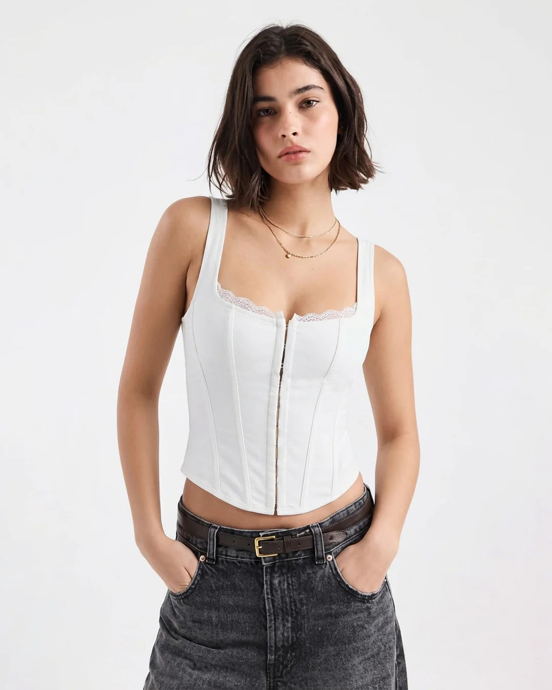 Structured Lace Trim Corset Top in Off White