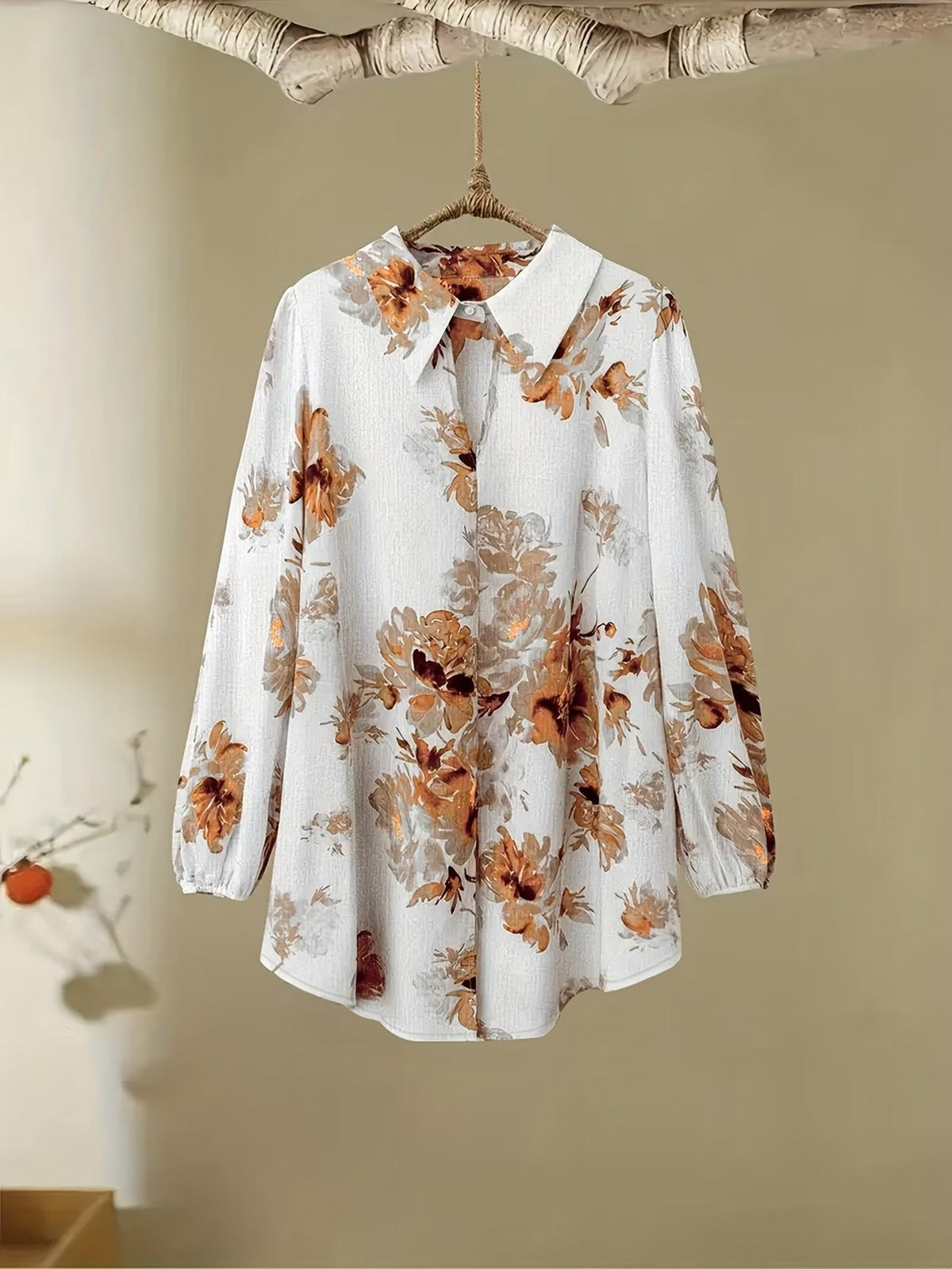 Women’s Floral Long-Sleeve Shirt with Printed Pants – Stylish Two-Piece Everyday Outfit (With Tie & Button Details)