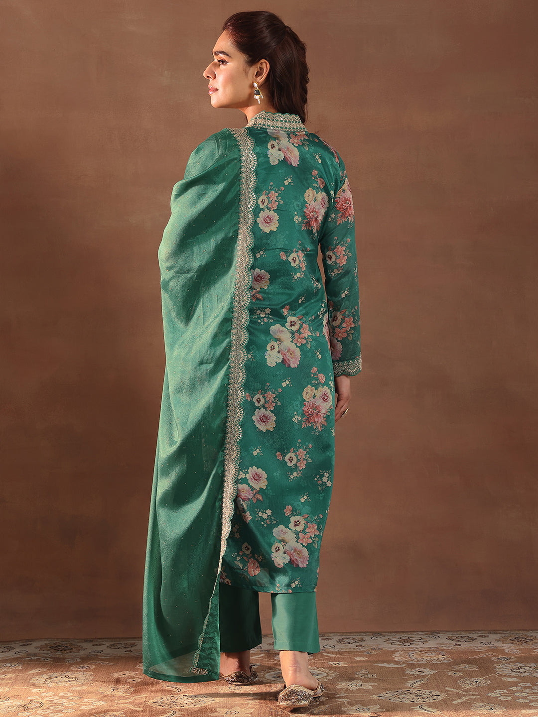 Anouk Green Printed Silk Blend Straight Suit With Dupatta