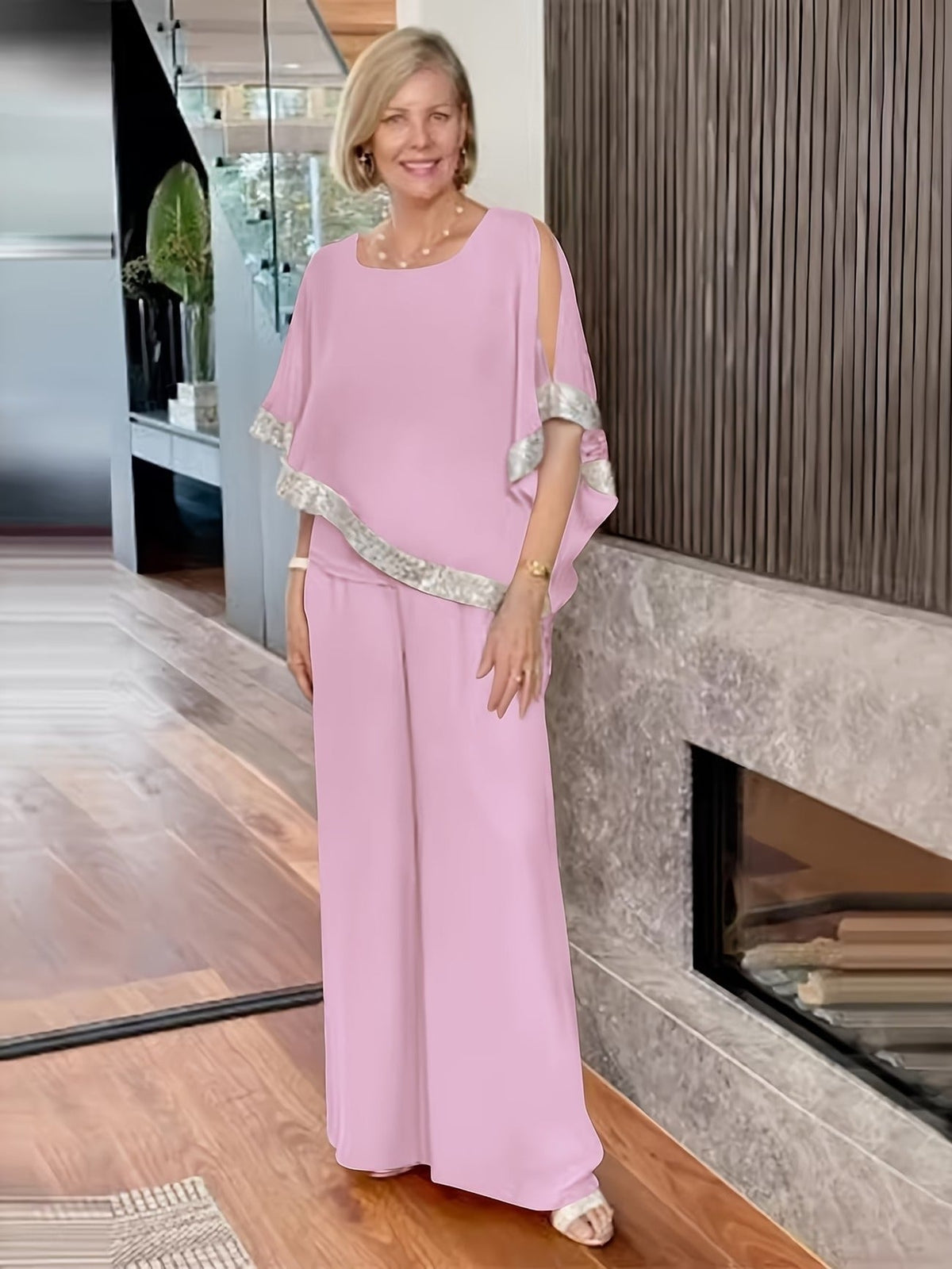 Women’s Sequin Color Block Batwing Top & Wide-Leg Pants Set – Elegant Spring Summer Party Outfit