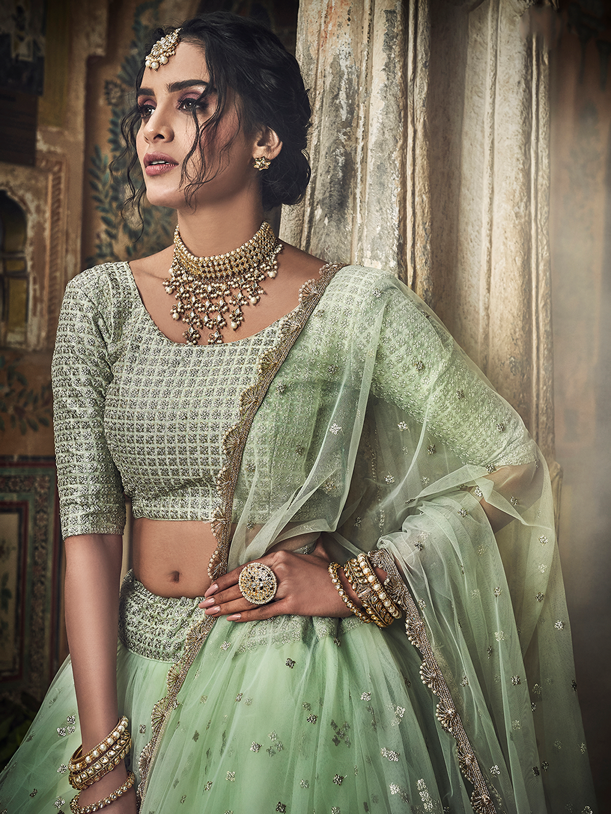 Sea Green Sequins, Zari Semi Stitched Lehenga With Unstitched Blouse