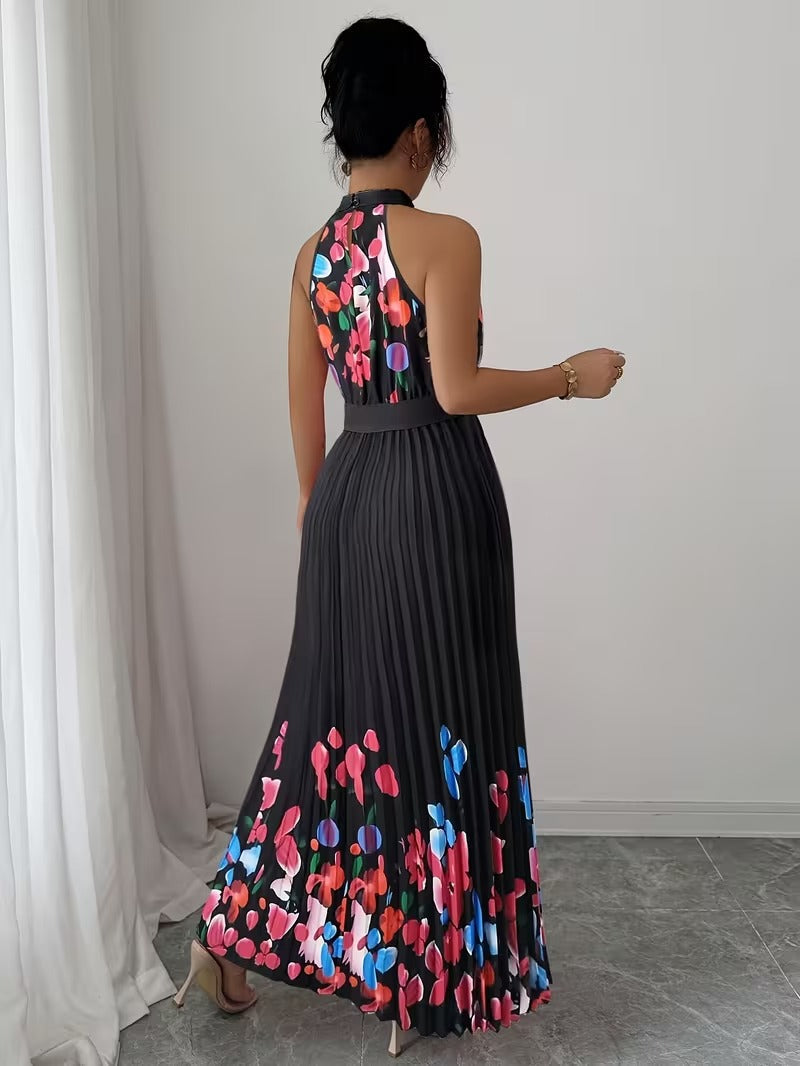 Elegant Floral Halter Neck Pleated Dress – Stylish & Comfortable Summer Outfit for Women